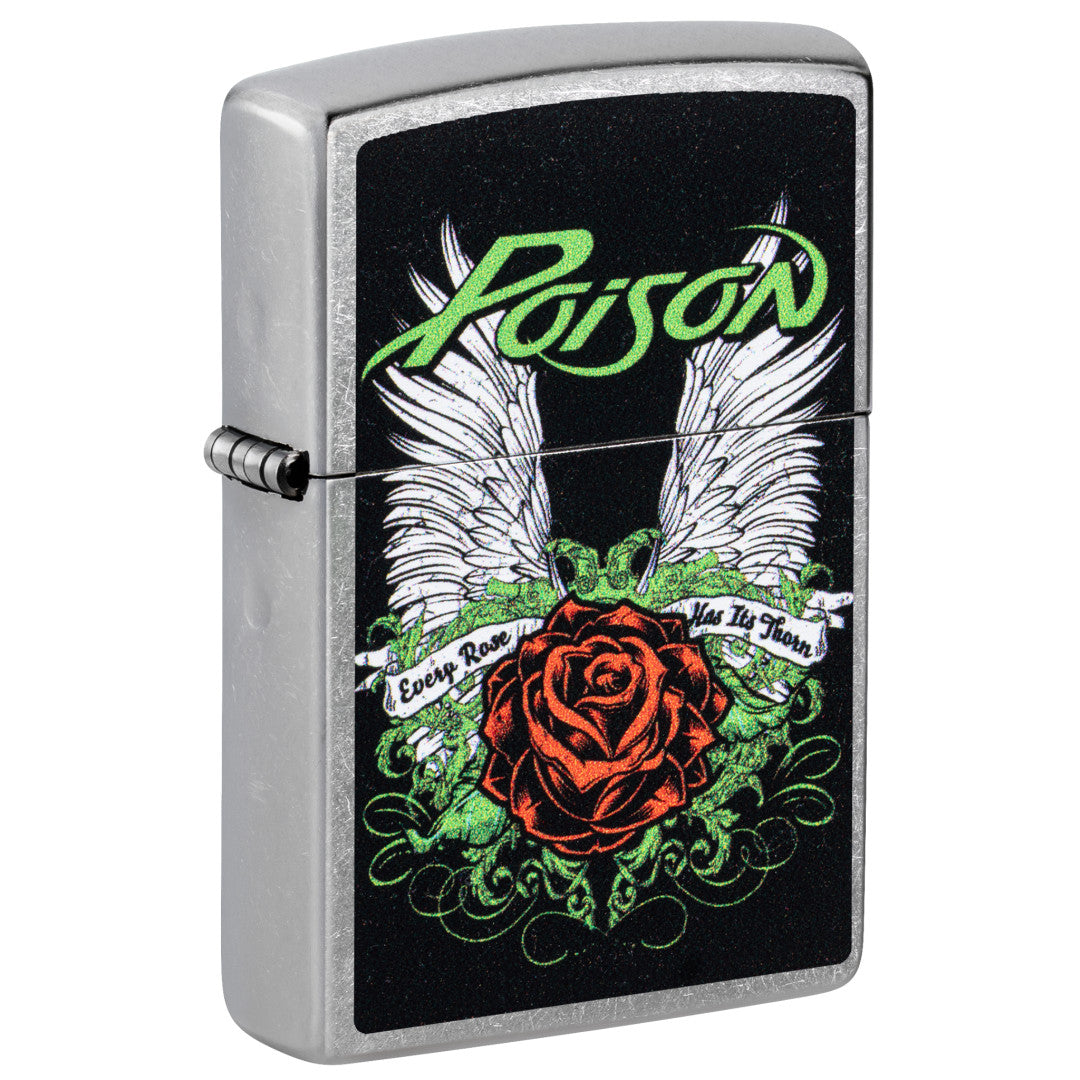 Front shot of Zippo Poison Winged Rose Design Street Chrome Windproof Lighter standing at a 3/4 angle.