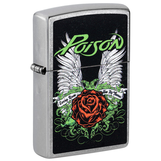 Front shot of Zippo Poison Winged Rose Design Street Chrome Windproof Lighter standing at a 3/4 angle.