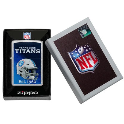 Zippo NFL Tennessee Titans Helmet Design Street Chrome Windproof Lighter in its packaging.