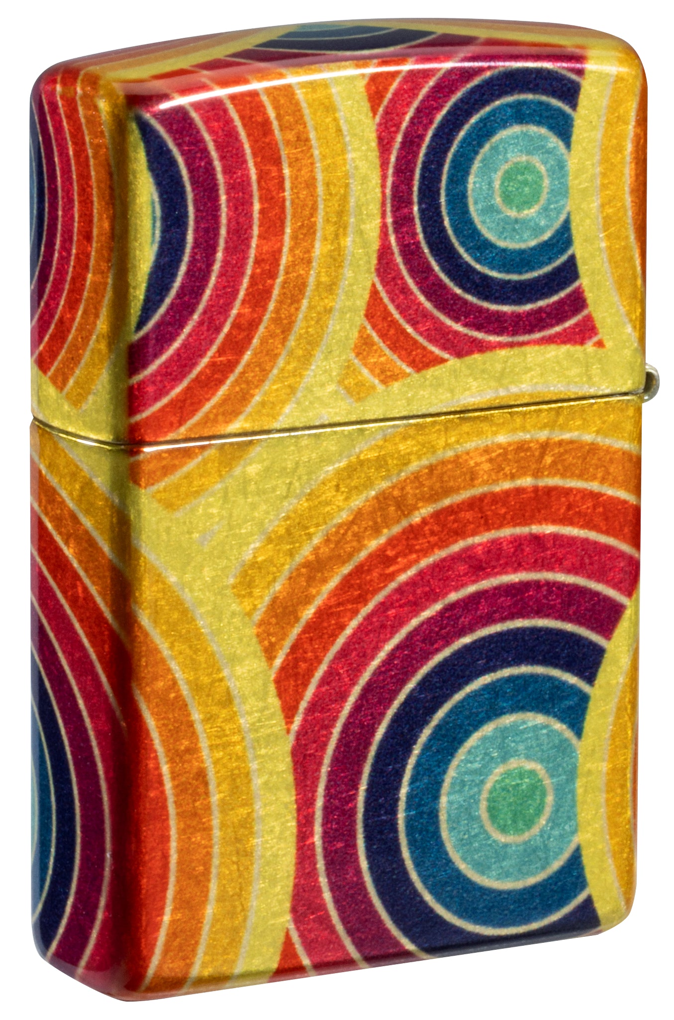 Back view of Zippo Funky Fusion Design 540 Tumbled Brass Windproof Lighter standing at a 3/4 angle.