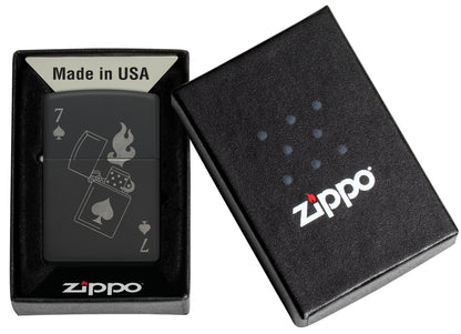 Zippo Lucky 7 Design Black Matte With Chrome Windproof Lighter in its packaging.