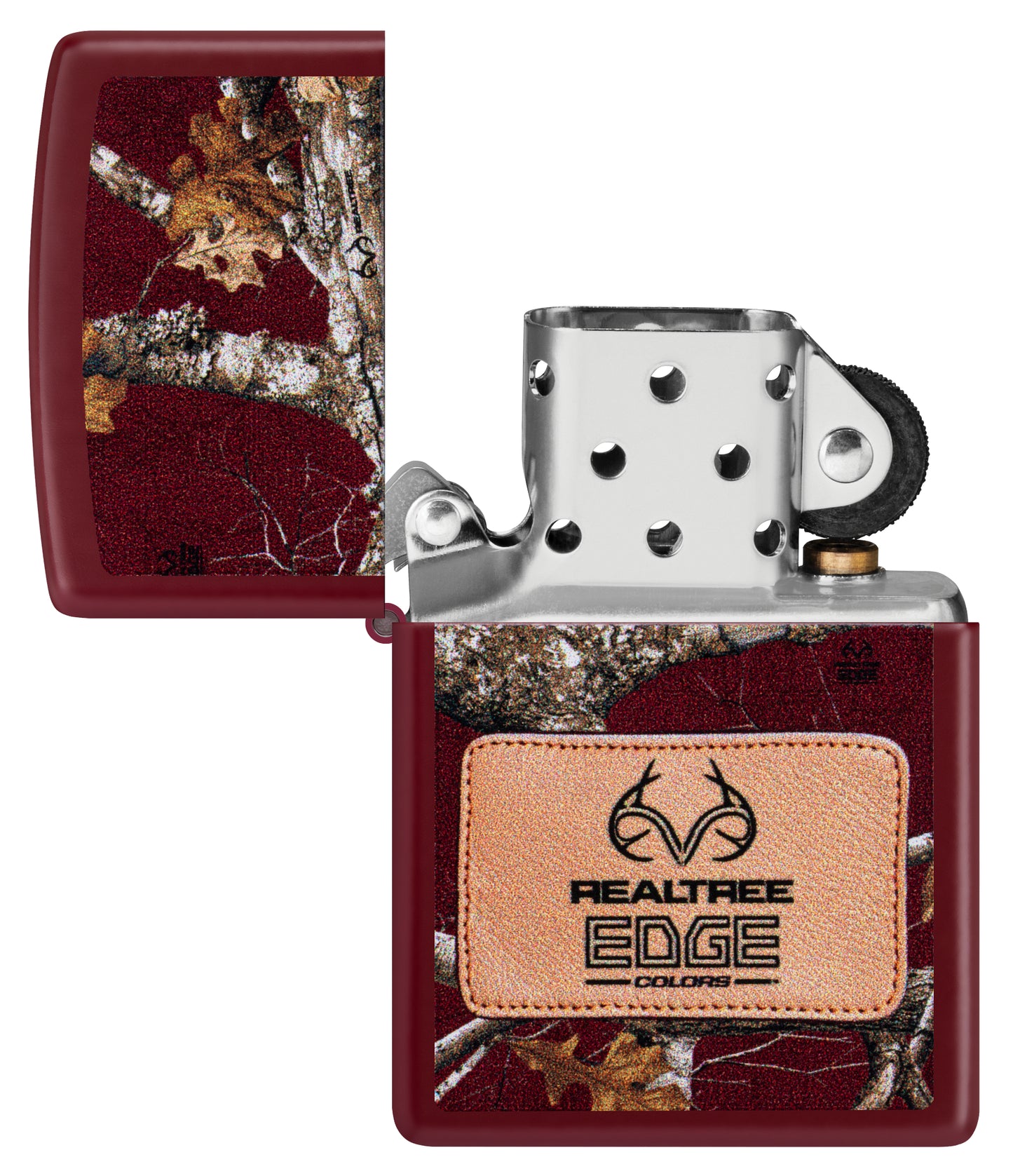 Zippo Realtree® Edge® Colors Design Merlot Windproof Lighter with its lid open and unlit.