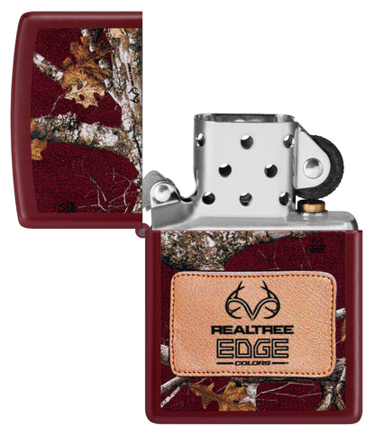 Zippo Realtree® Edge® Colors Design Merlot Windproof Lighter with its lid open and unlit.