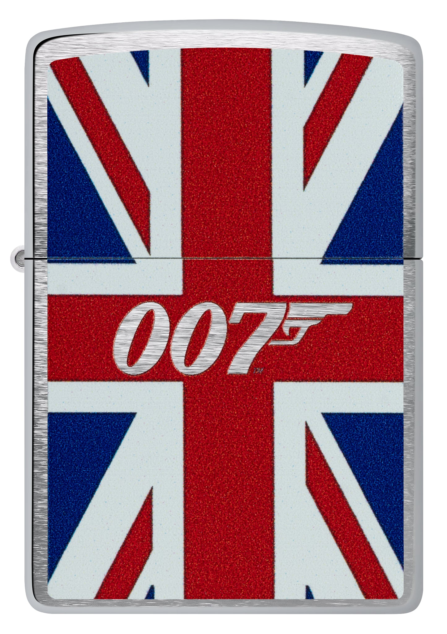 Front view of Zippo James Bond® Union Jack Brushed Chrome Windproof Lighter.