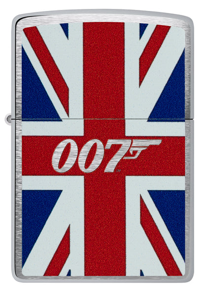 Front view of Zippo James Bond® Union Jack Brushed Chrome Windproof Lighter.