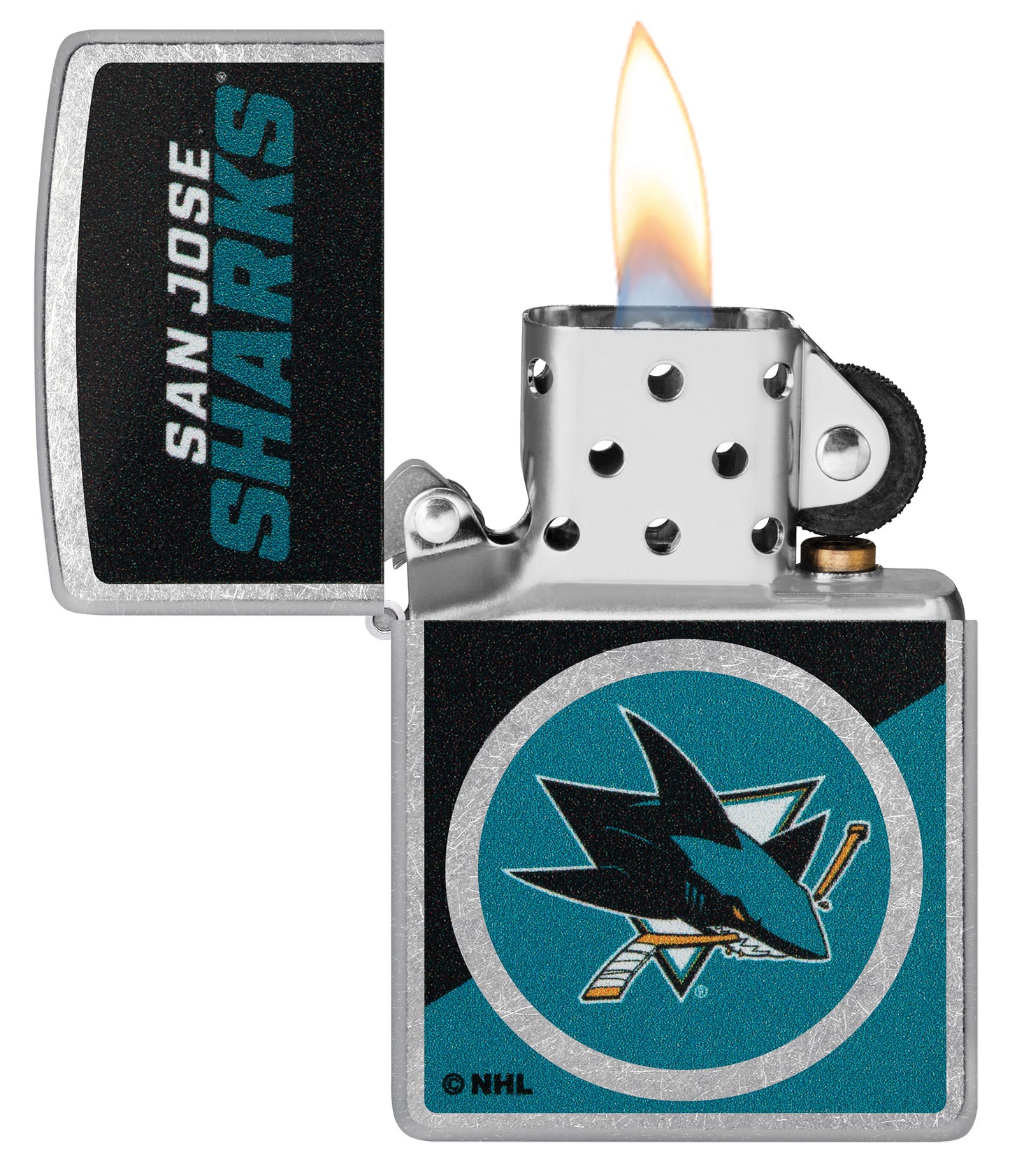 Zippo NHL® San Jose Sharks® 2024 Street Chrome™ Windproof Lighter with its lid open and unlit.