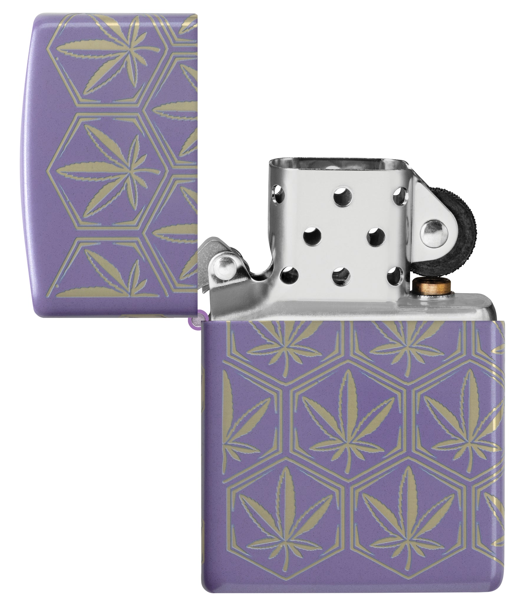 Zippo Honeycomb Cannabis Design Smoky Lavender Windproof Lighter with its lid open and unlit.