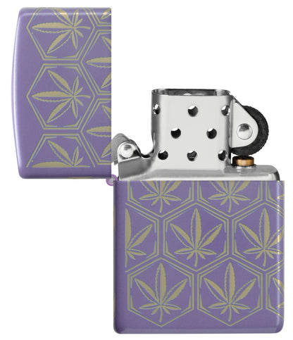 Zippo Honeycomb Cannabis Design Smoky Lavender Windproof Lighter with its lid open and unlit.