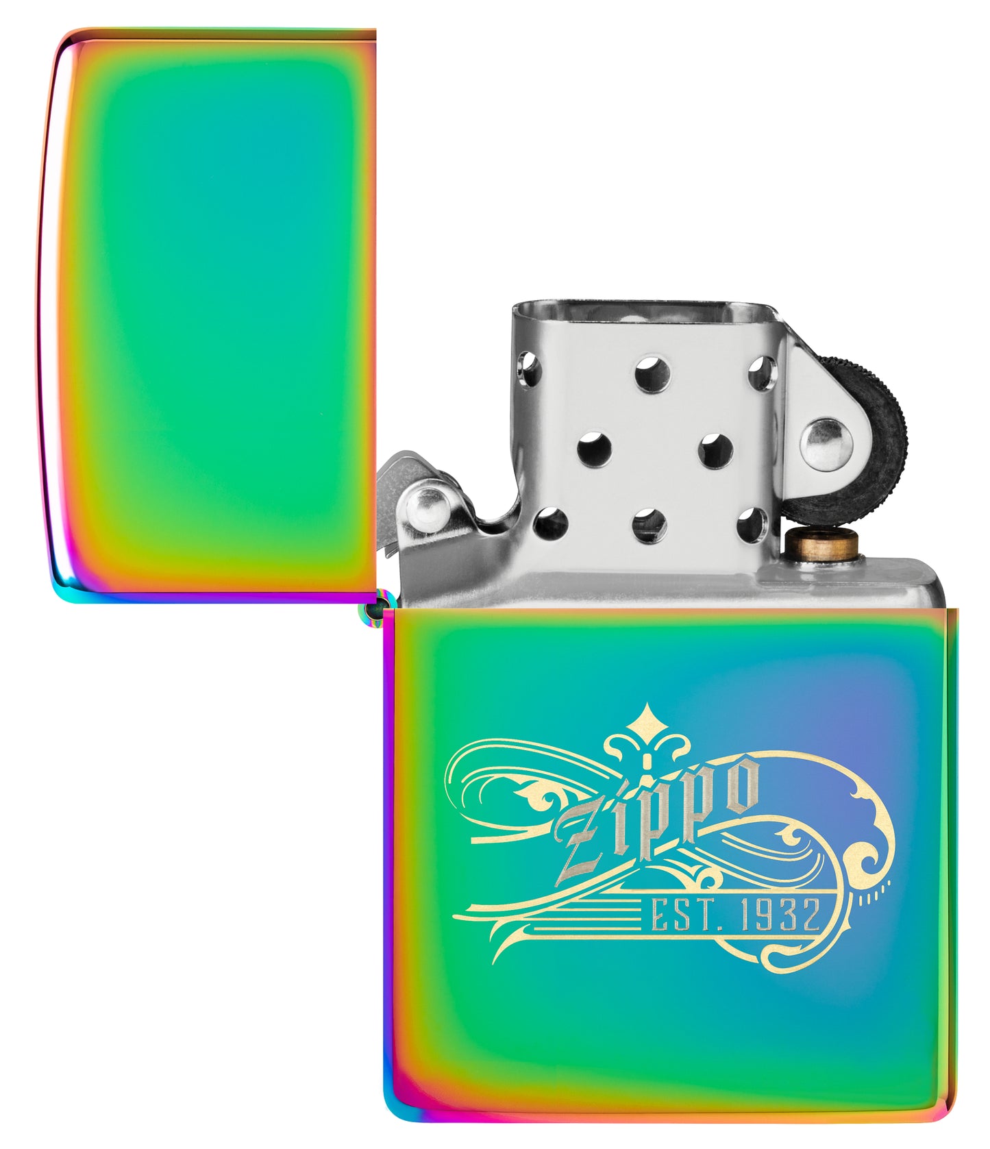 Zippo Established 1932 Design Multi Color Windproof Lighter with its lid open and unlit.