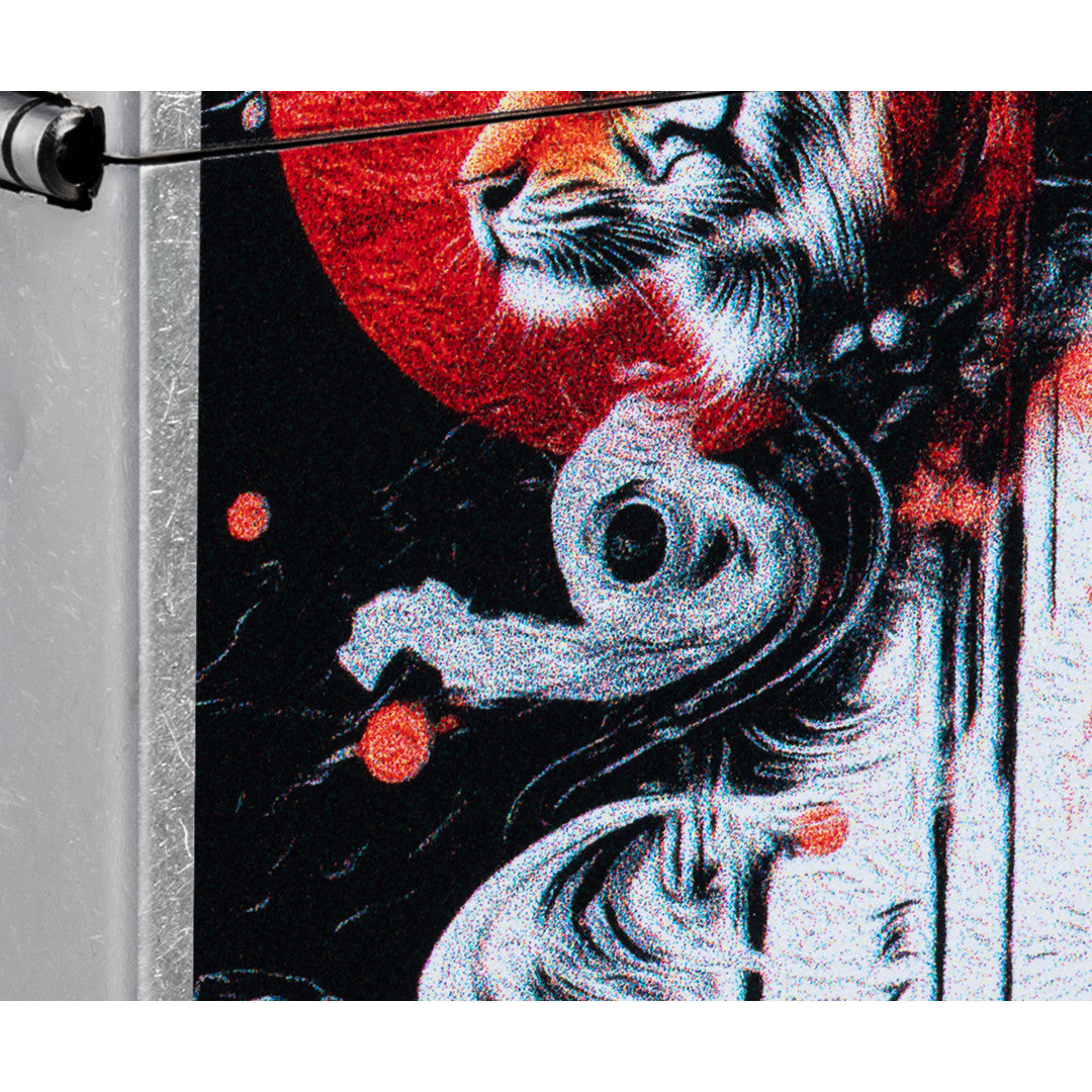 Front view of Zippo Tiger Blossom Design Street Chrome Windproof Lighter close up to show the detail of the lighter.
