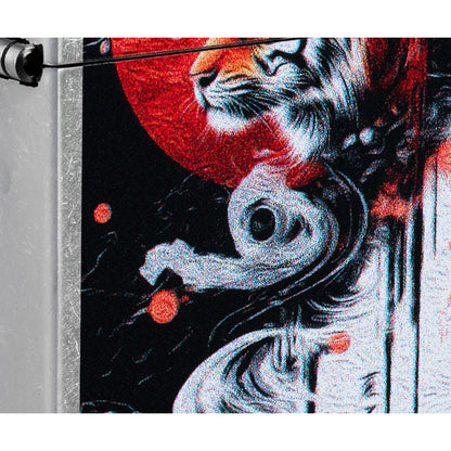 Front view of Zippo Tiger Blossom Design Street Chrome Windproof Lighter close up to show the detail of the lighter.