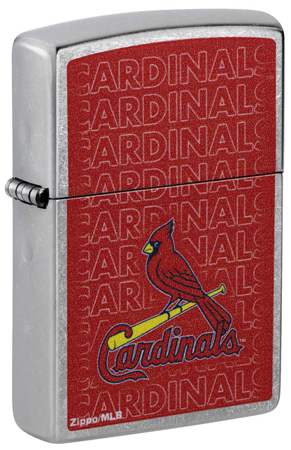 Front shot of Zippo MLB® St. Louis Cardinals Street Chrome Windproof Lighter standing at a 3/4 angle.