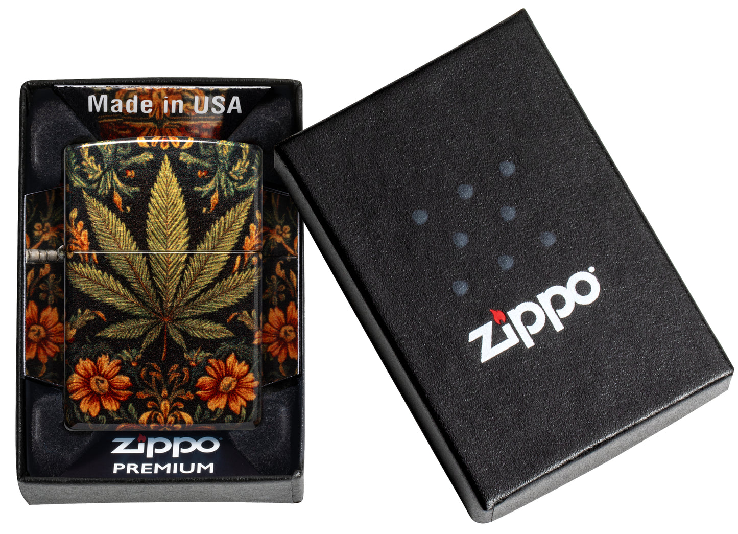 Zippo Cannabis Tapestry Design Tumbled Brass Windproof Lighter in its packaging.