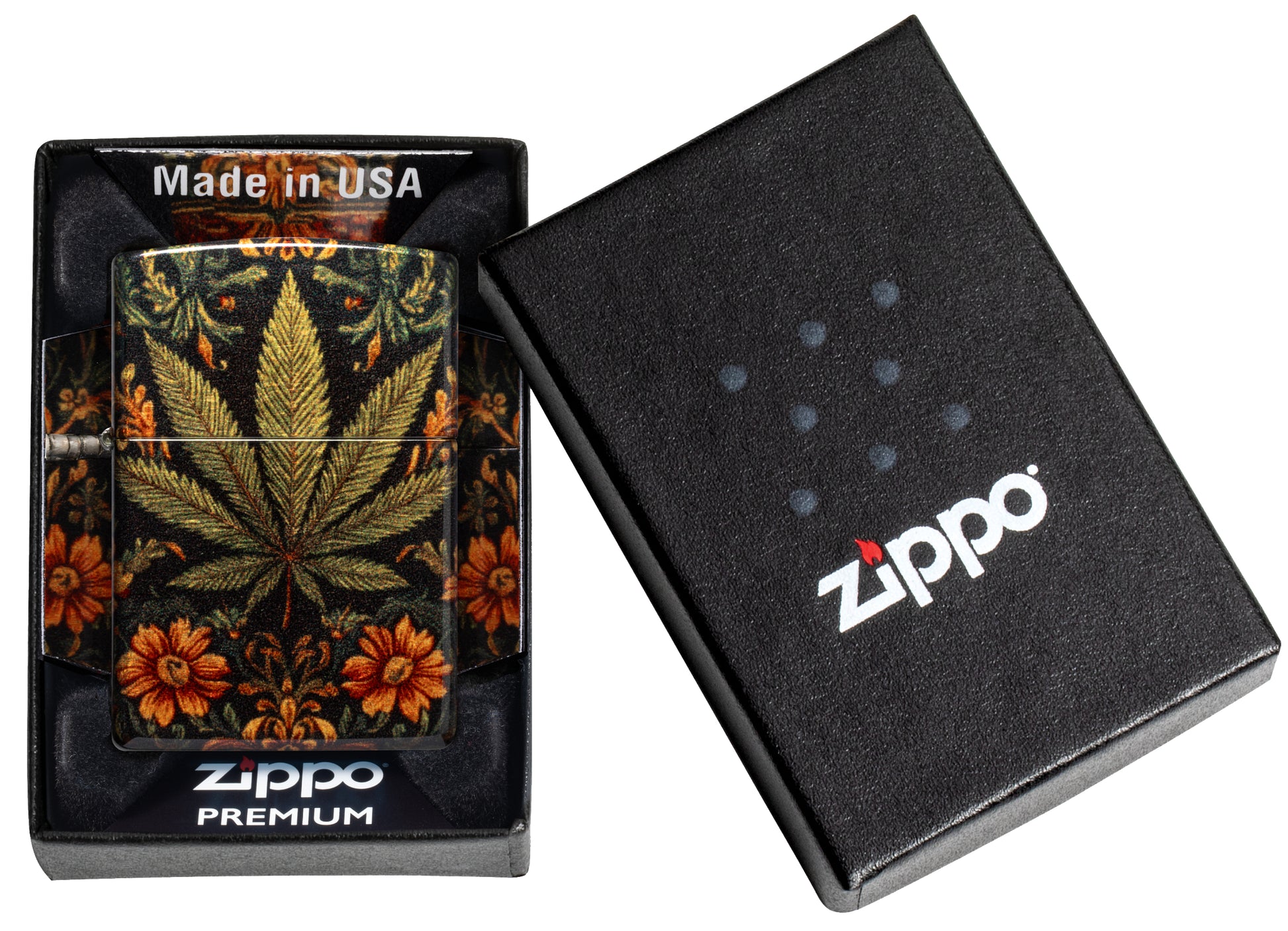 Zippo Cannabis Tapestry Design Tumbled Brass Windproof Lighter in its packaging.