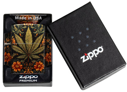 Zippo Cannabis Tapestry Design Tumbled Brass Windproof Lighter in its packaging.