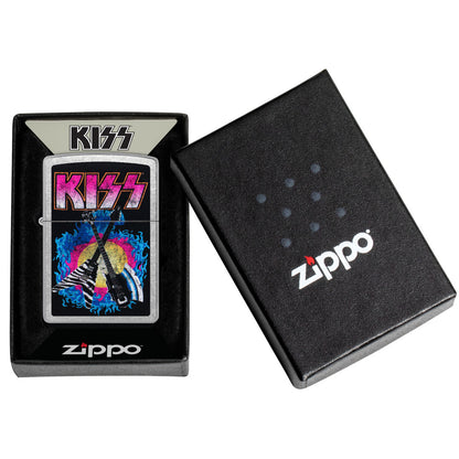 Zippo KISS® Axe Bass Design Street Chrome Windproof Lighter in its packaging.