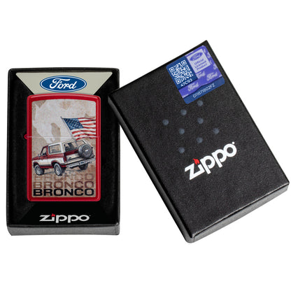 Zippo Ford Bronco Flag Design Candy Apple Red Windproof Lighter in its packaging.