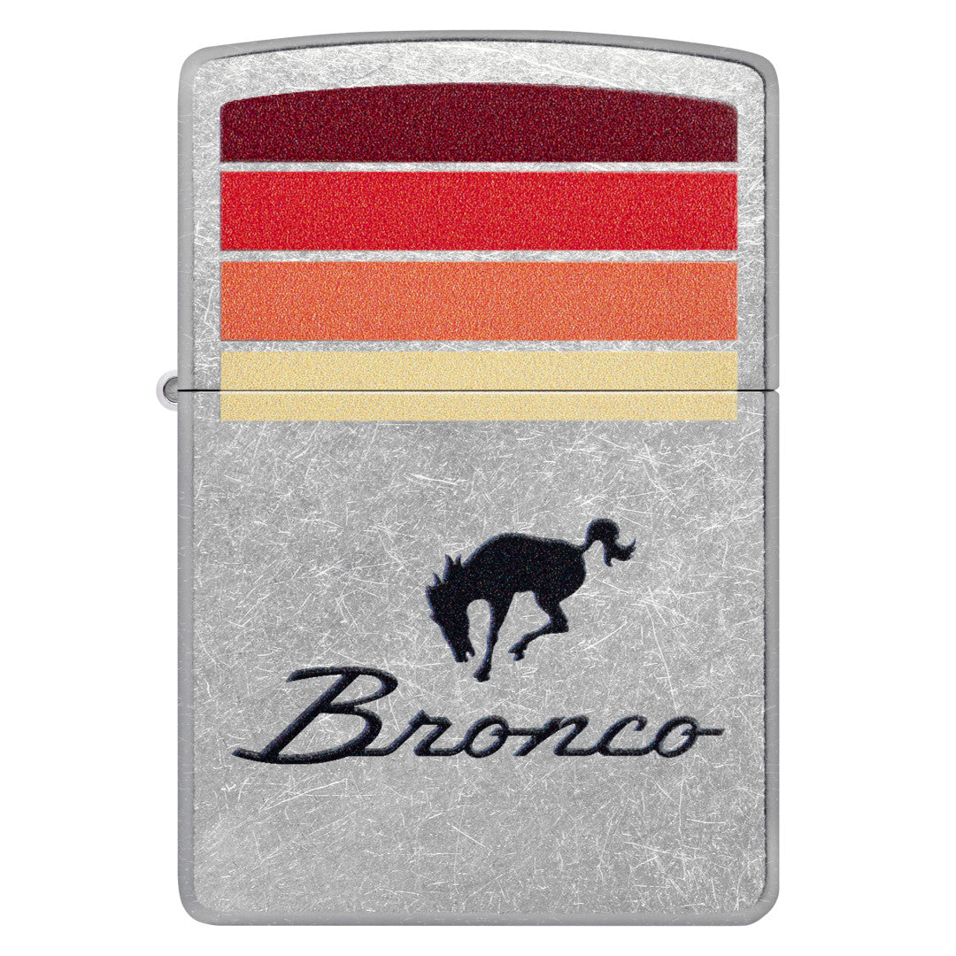 Front view of Zippo Ford Bronco Sunset Stripes Design Street Chrome Windproof Lighter.