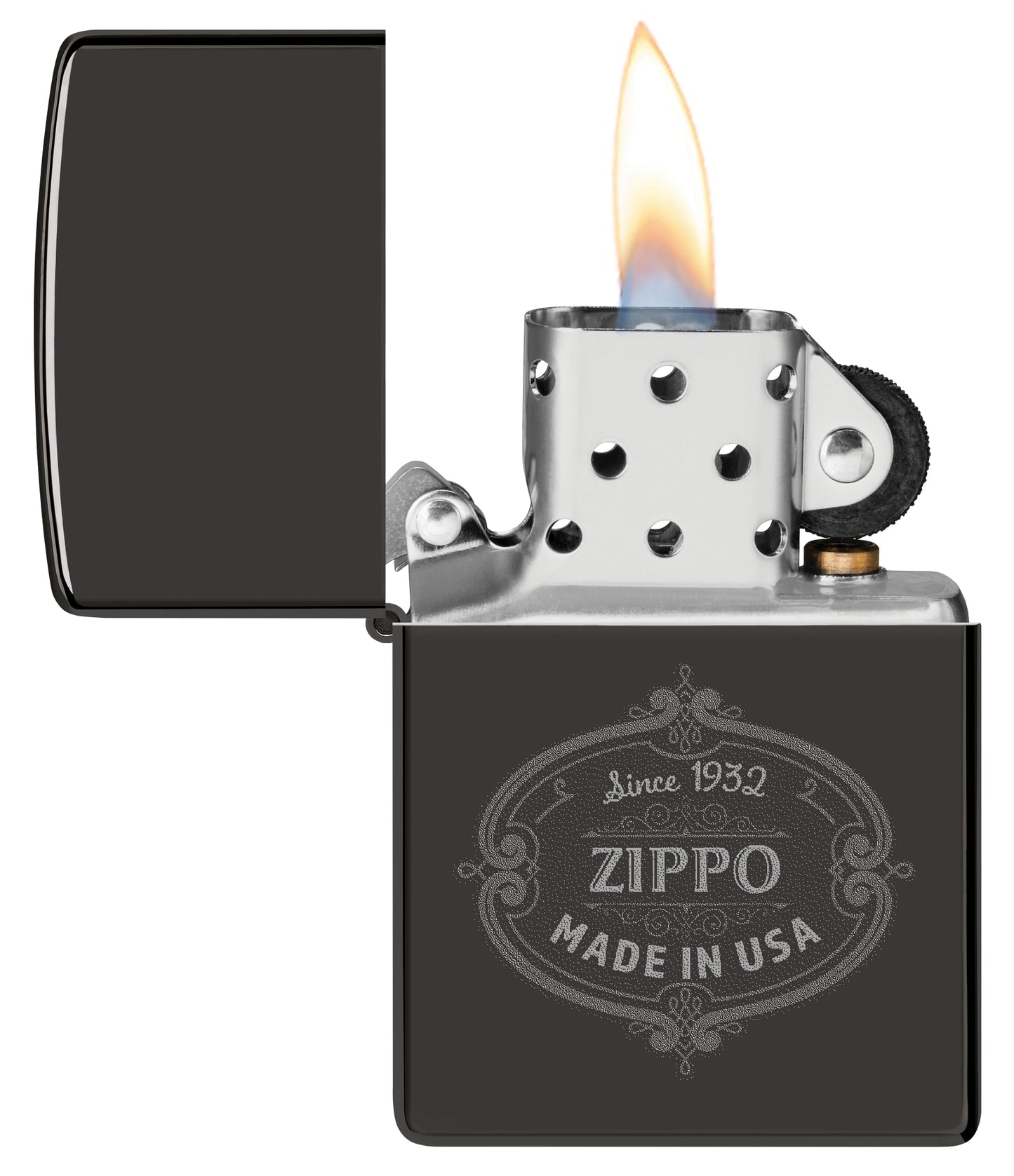 Zippo Plaque Design High Polish Black Windproof Lighter with its lid open and lit.