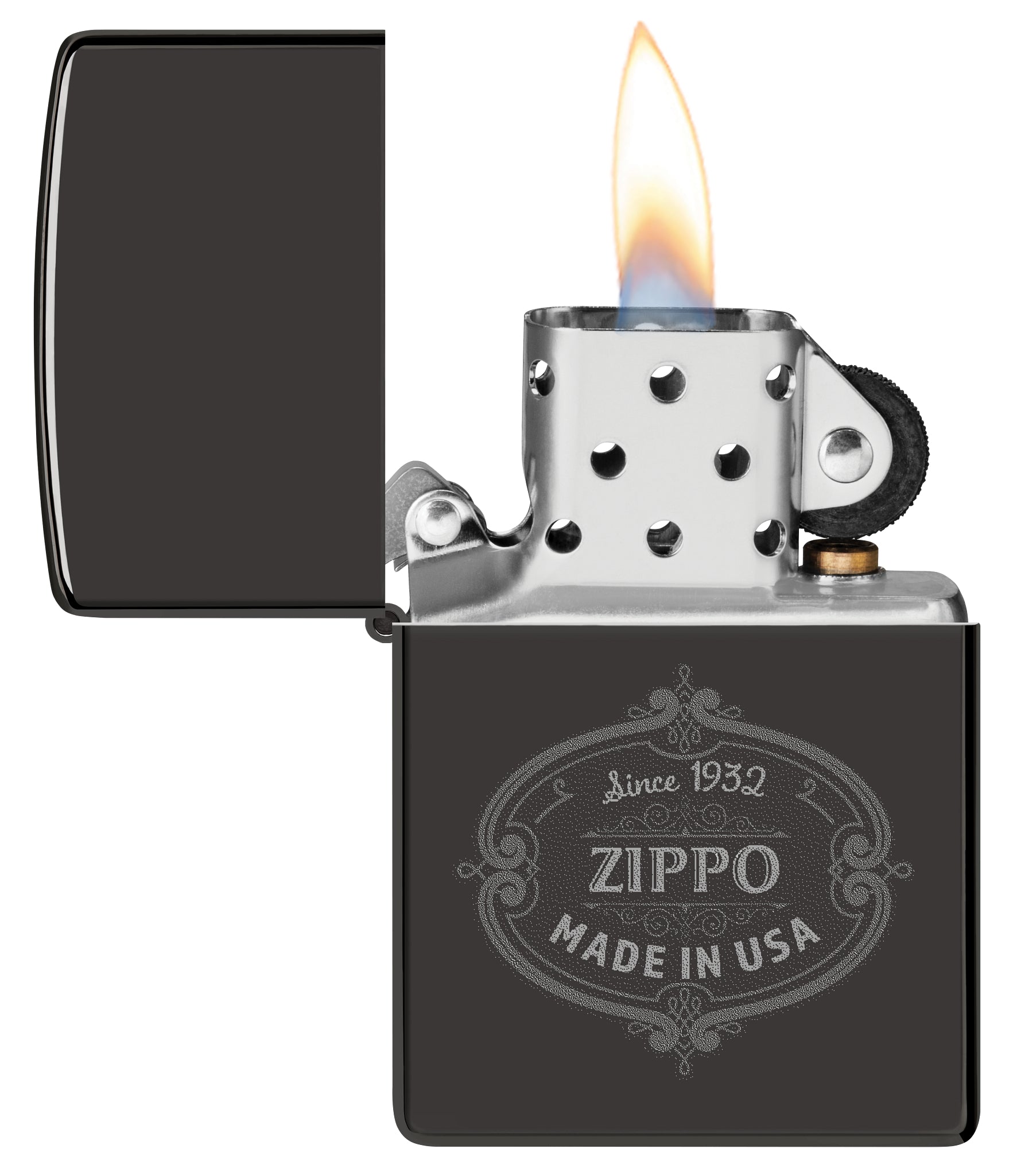 Zippo Plaque Design High Polish Black Windproof Lighter with its lid open and lit.