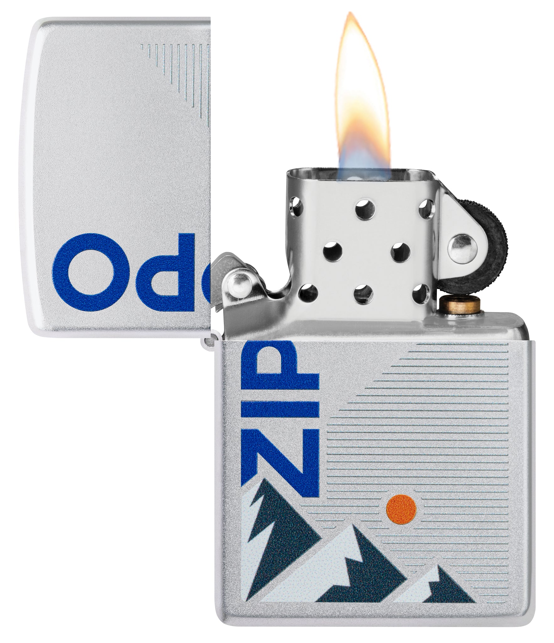 Zippo Mountain Design Satin Chrome Windproof Lighter with its lid open and lit.
