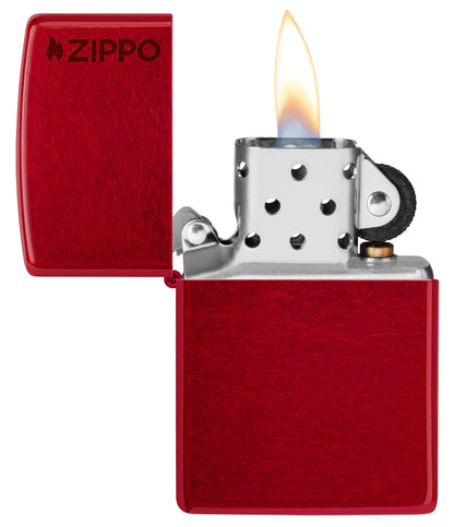 Zippo Classic Candy Apple Zippo Logo Windproof Lighter with its lid open and lit.