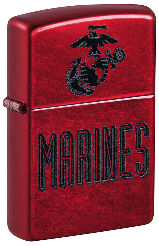 Front shot of Zippo U.S. Marine Corps Candy Apple Windproof Lighter standing at a 3/4 angle.