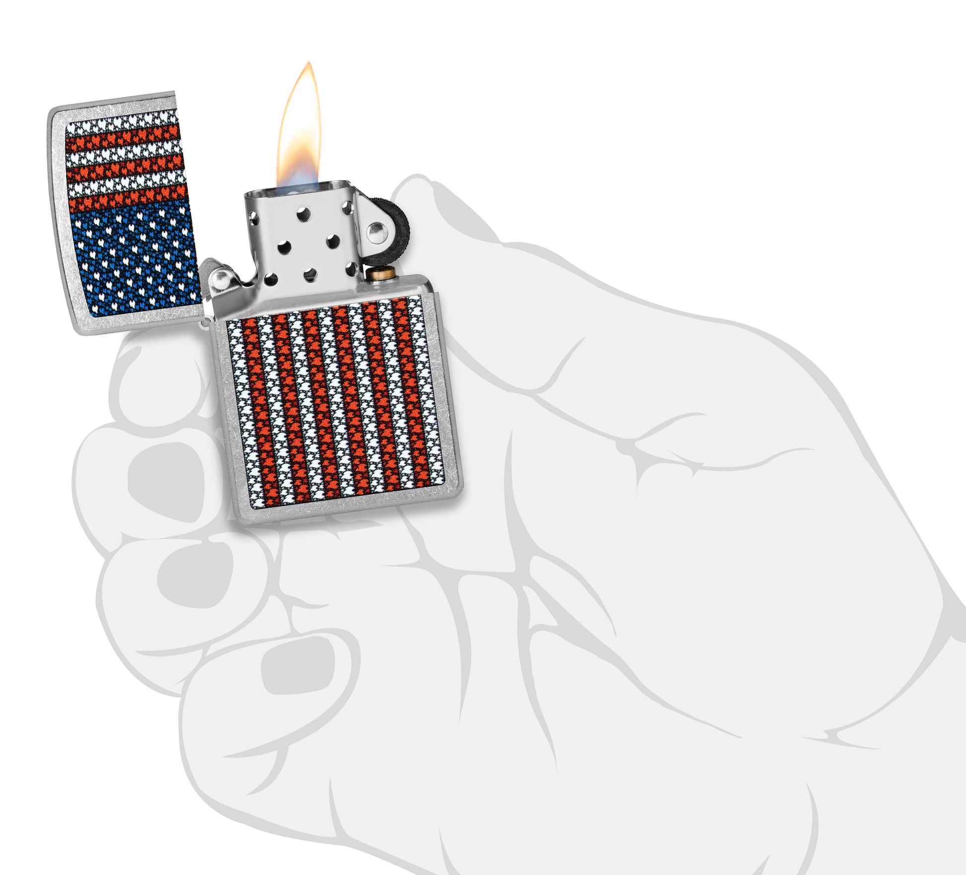 Zippo Flame Spangled Banner Design Street Chrome Windproof Lighter lit in hand.