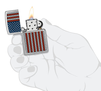 Zippo Flame Spangled Banner Design Street Chrome Windproof Lighter lit in hand.