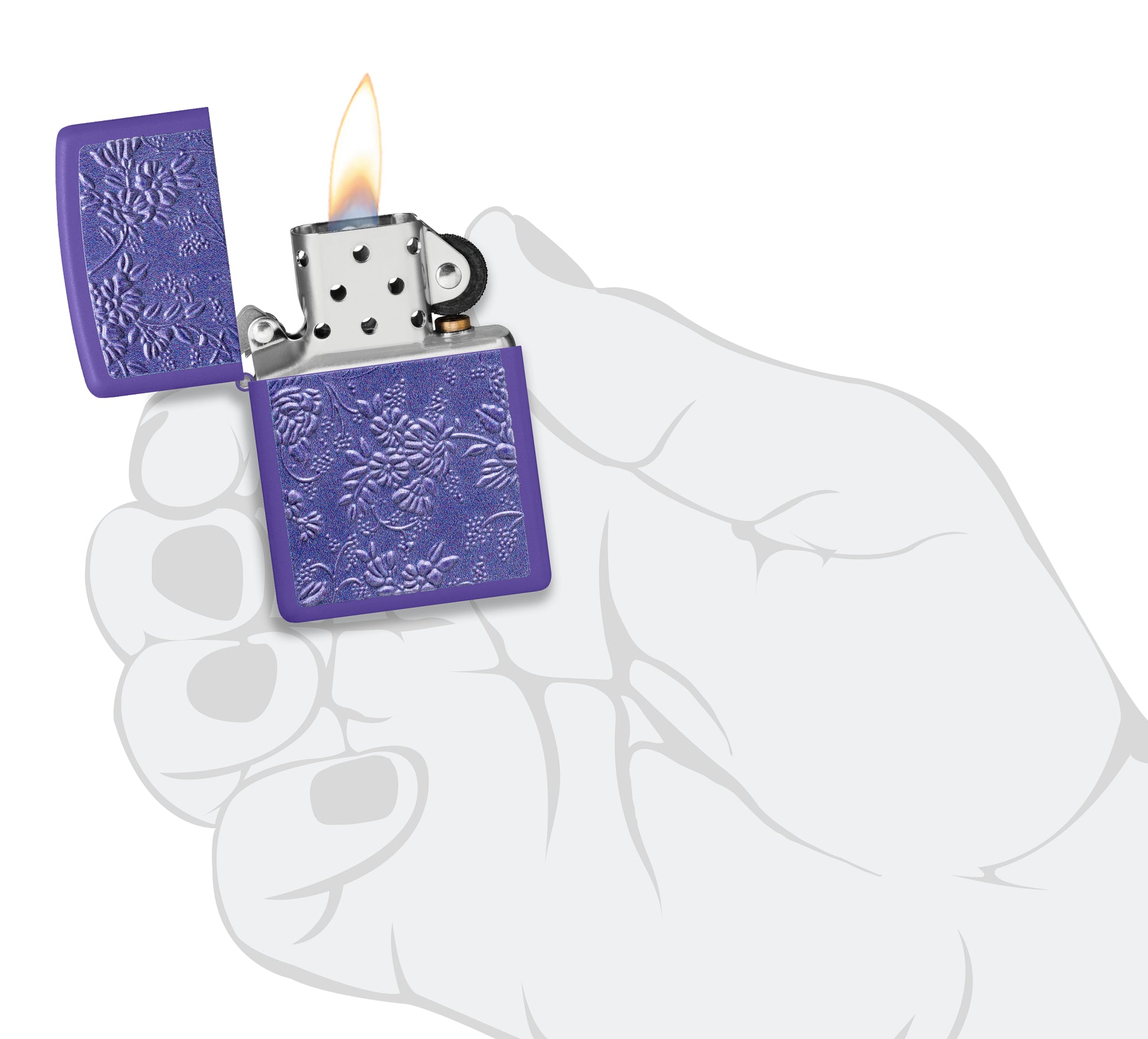 Zippo Texture Bouquet Design Purple Matte Windproof Lighter lit in hand.