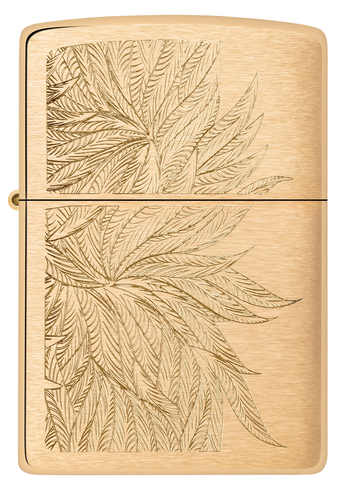 Front view of Zippo Lush Leaves Design Brushed Brass Windproof Lighter.