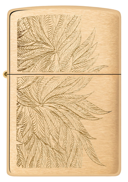 Front view of Zippo Lush Leaves Design Brushed Brass Windproof Lighter.