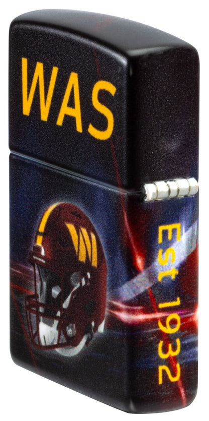 Angled shot of Zippo NFL Washington Commanders 540 Matte Windproof Lighter showing the back and hinge sides of the lighter.