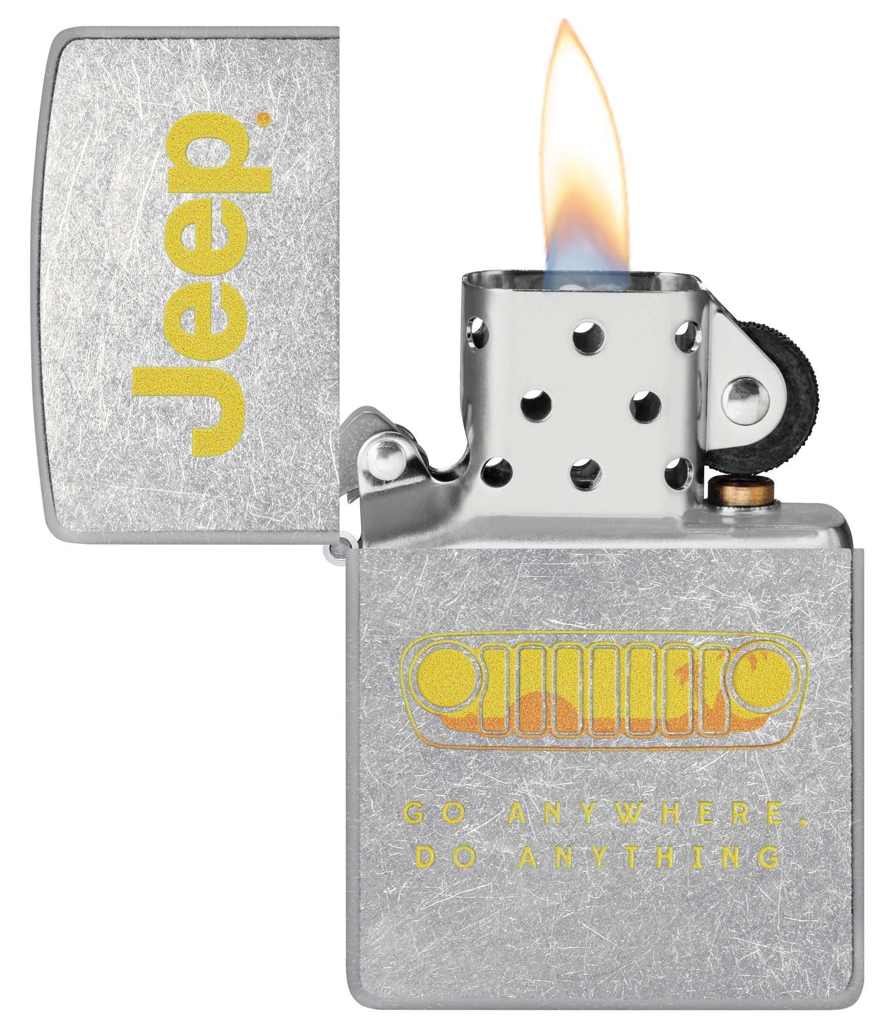 Zippo Jeep® Grille Design Street Chrome Windproof Lighter  with its lid open and lit.