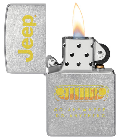 Zippo Jeep® Grille Design Street Chrome Windproof Lighter  with its lid open and lit.