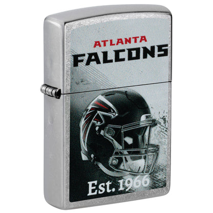 Front shot of Zippo NFL Atlanta Falcons Helmet Design Street Chrome Windproof Lighter standing at a 3/4 angle.
