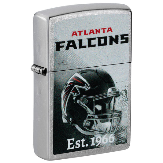 Front shot of Zippo NFL Atlanta Falcons Helmet Design Street Chrome Windproof Lighter standing at a 3/4 angle.