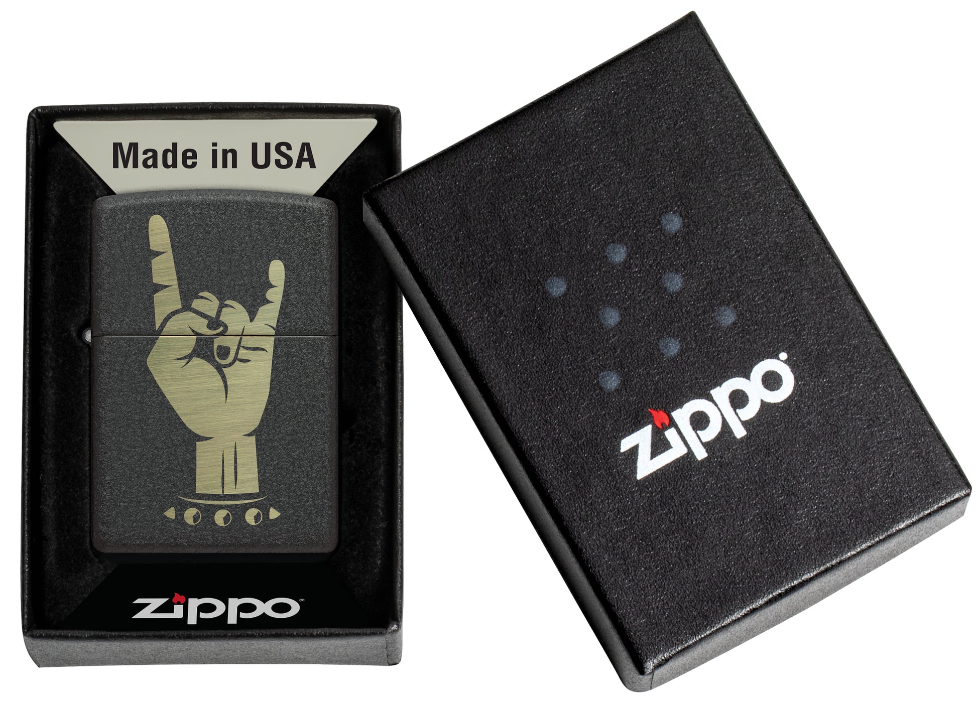 Zippo Rock On Design Black Crackle® Windproof Lighter in its packaging.
