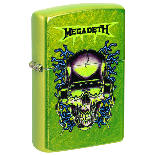 Front shot of Zippo Megadeth Vic Rattlehead Design Classic Lurid Windproof Lighter standing at a 3/4 angle.