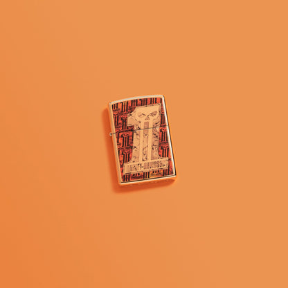 Lifestyle image of Harley-Davidson Number 1 Skull High Polish Brass Windproof Lighter laying on an orange background.