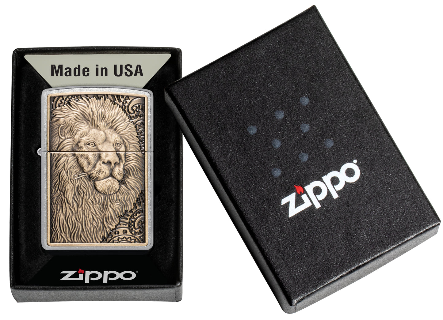 Zippo Lion Emblem Street Chrome Windproof Lighter in its packaging.