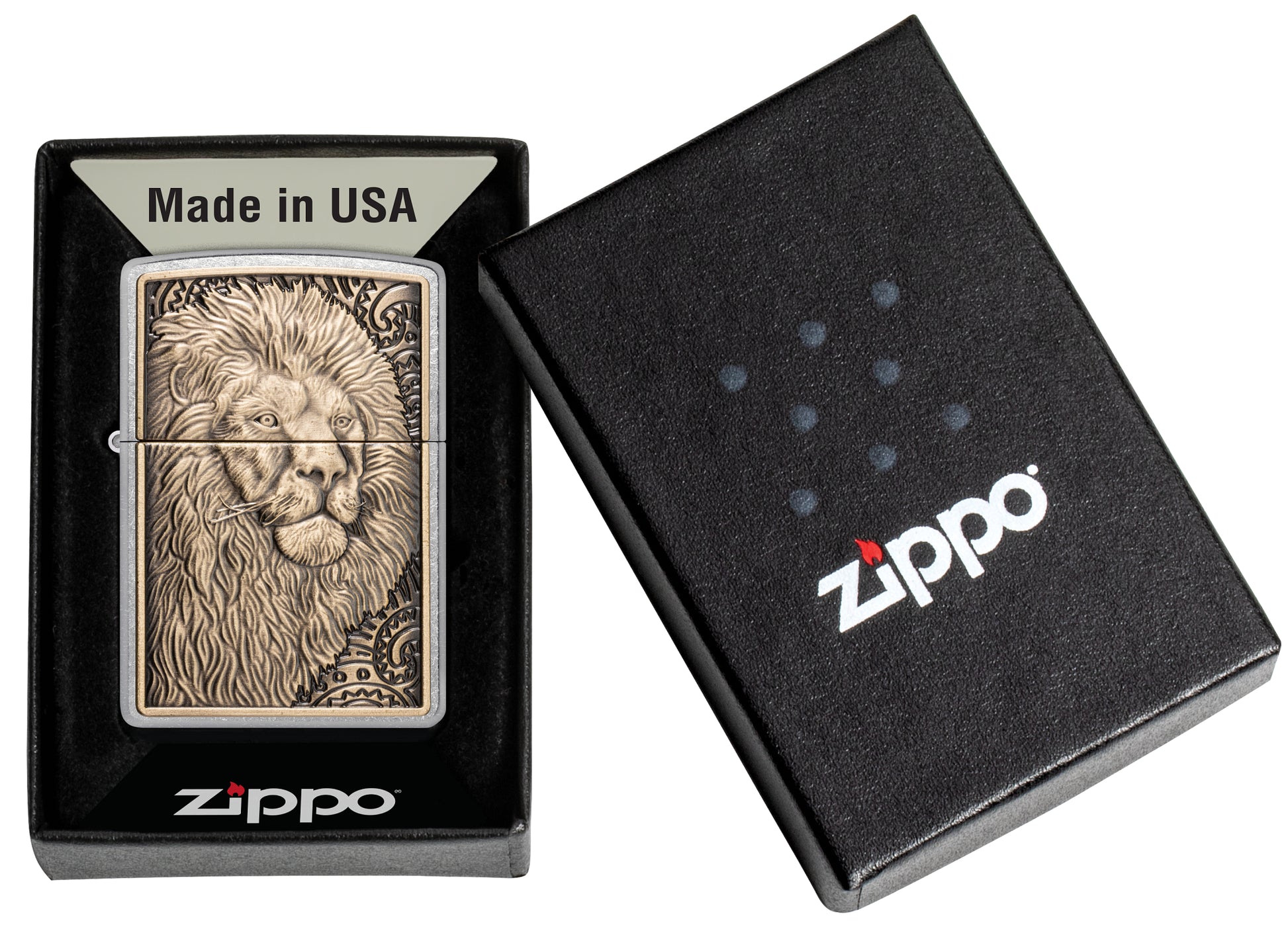 Zippo Lion Emblem Street Chrome Windproof Lighter in its packaging.