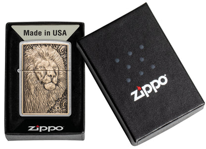 Zippo Lion Emblem Street Chrome Windproof Lighter in its packaging.