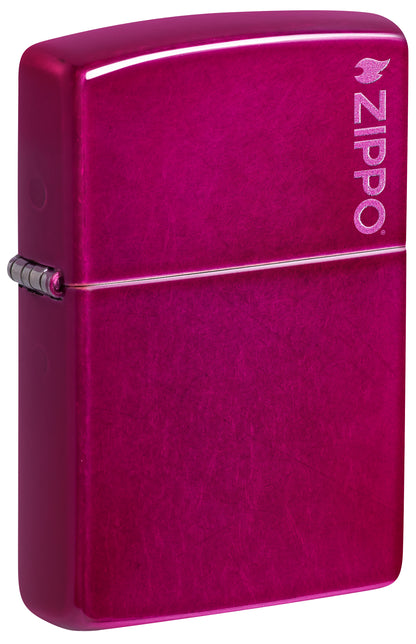 Front shot of Zippo Classic Candy Raspberry Zippo Logo Windproof Lighter standing at a 3/4 angle.