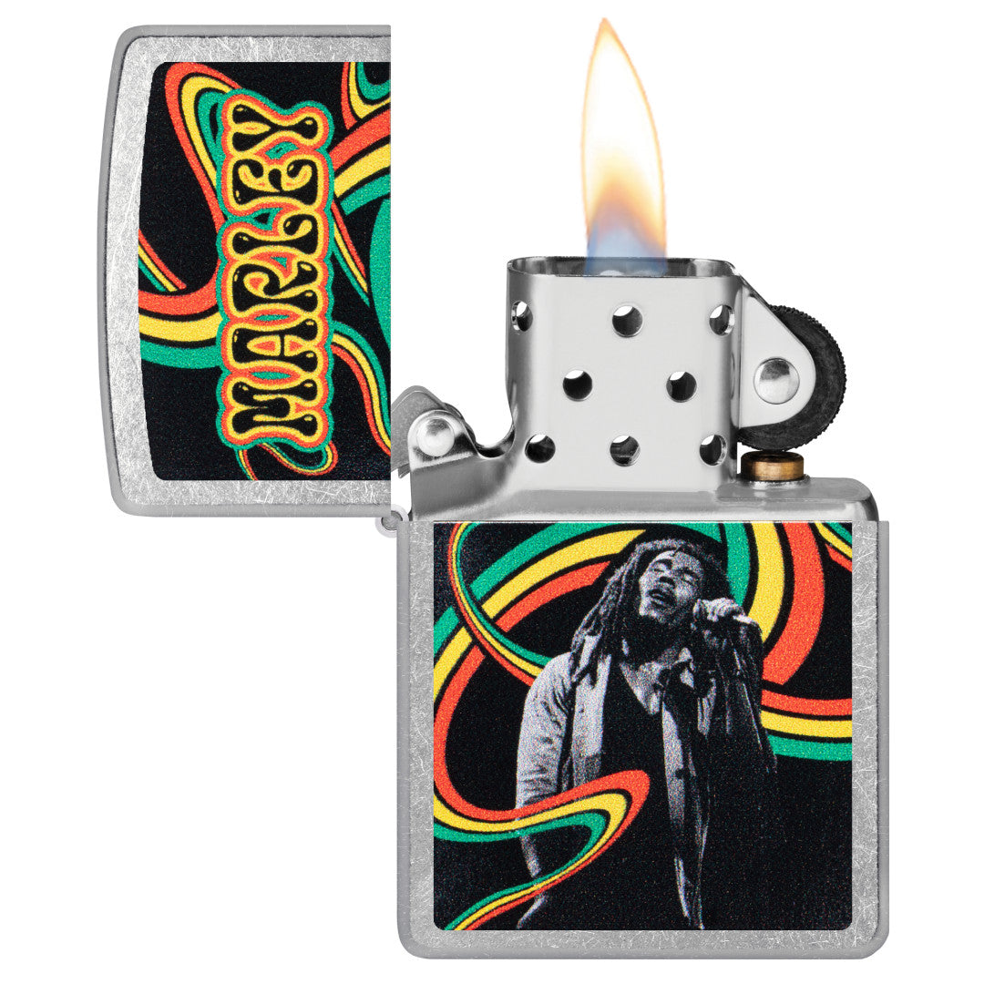 Zippo Bob Marley Waves Design Street Chrome Windproof Lighter with its lid open and lit.