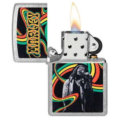 Zippo Bob Marley Waves Design Street Chrome Windproof Lighter with its lid open and lit.