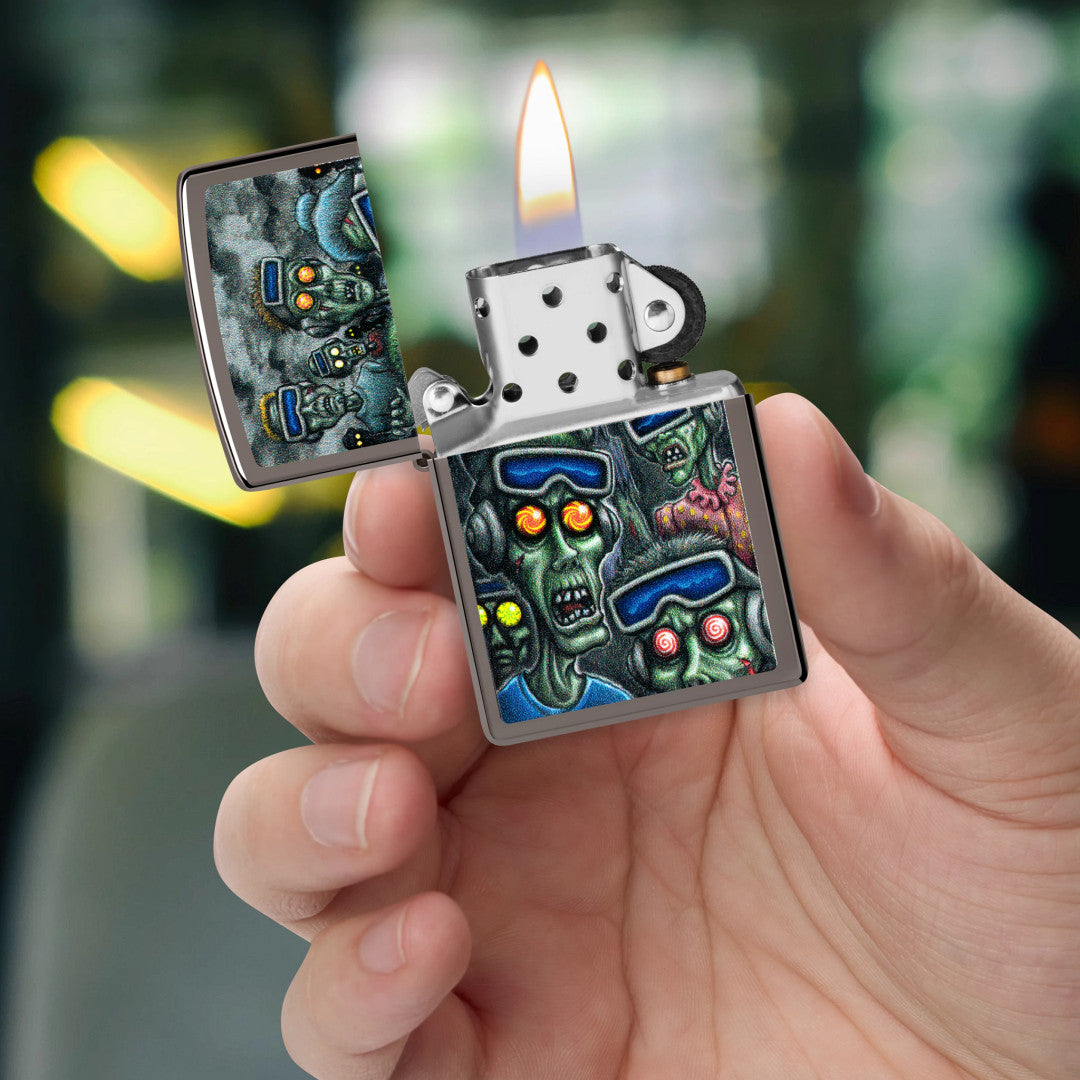 Zippo Zombie Escape Design Black Ice® Windproof Lighter lit in hand.