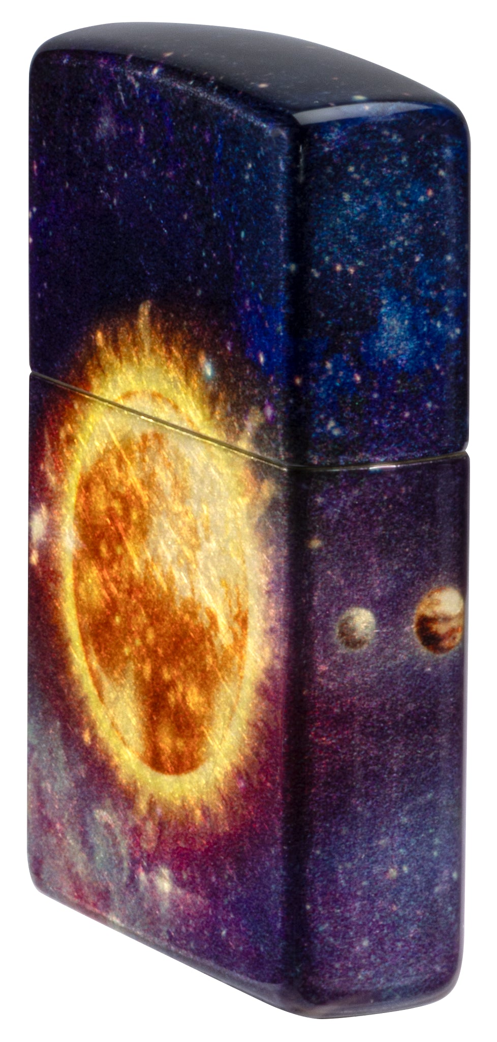 Angled shot of  Zippo Solar Flare Design 540 Tumbled Brass Windproof lighter showing the front and non-hinge side of the lighter.