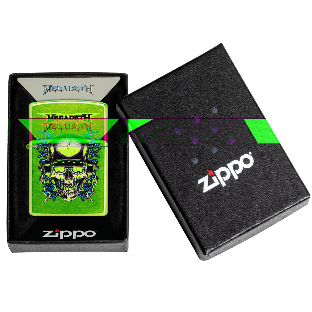 Zippo Megadeth Vic Rattlehead Design Classic Lurid Windproof Lighter in its packaging.