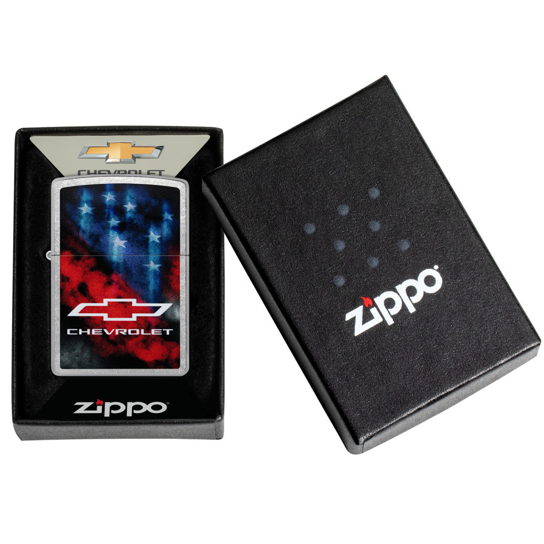 Zippo Chevrolet® Flag Design Street Chrome Windproof Lighter in its packaging.